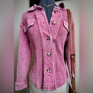 Buckle Faded Red Waffle Knit Jacket Shacket Button Up L S